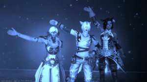 three character avatars waving