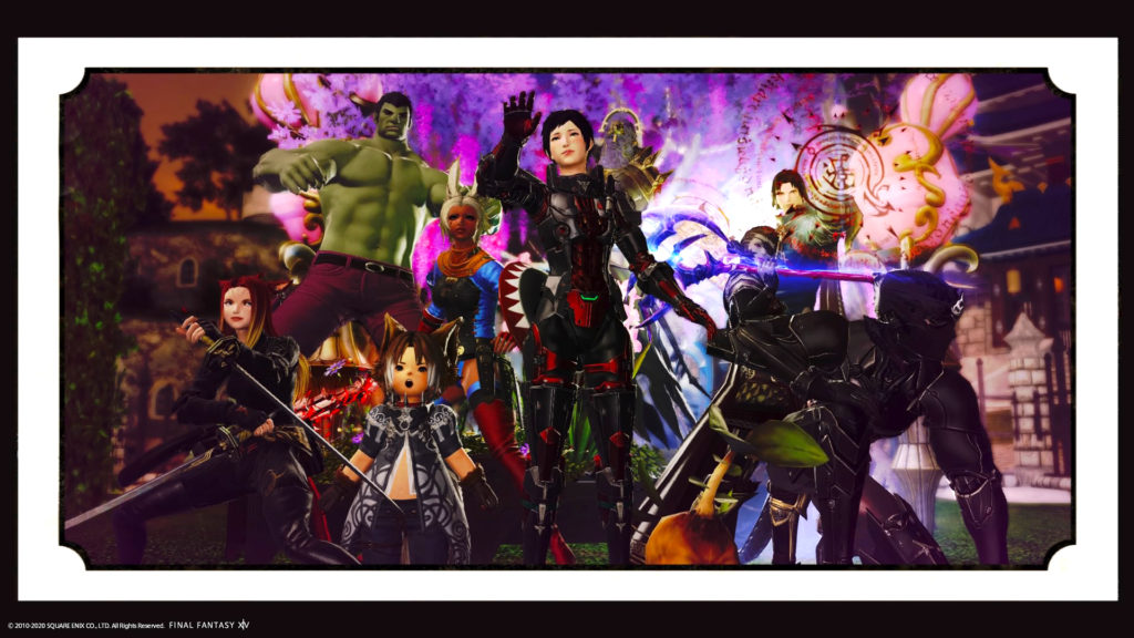 FFXIV screen shot featuring characters dressed up as MCU comic heroes