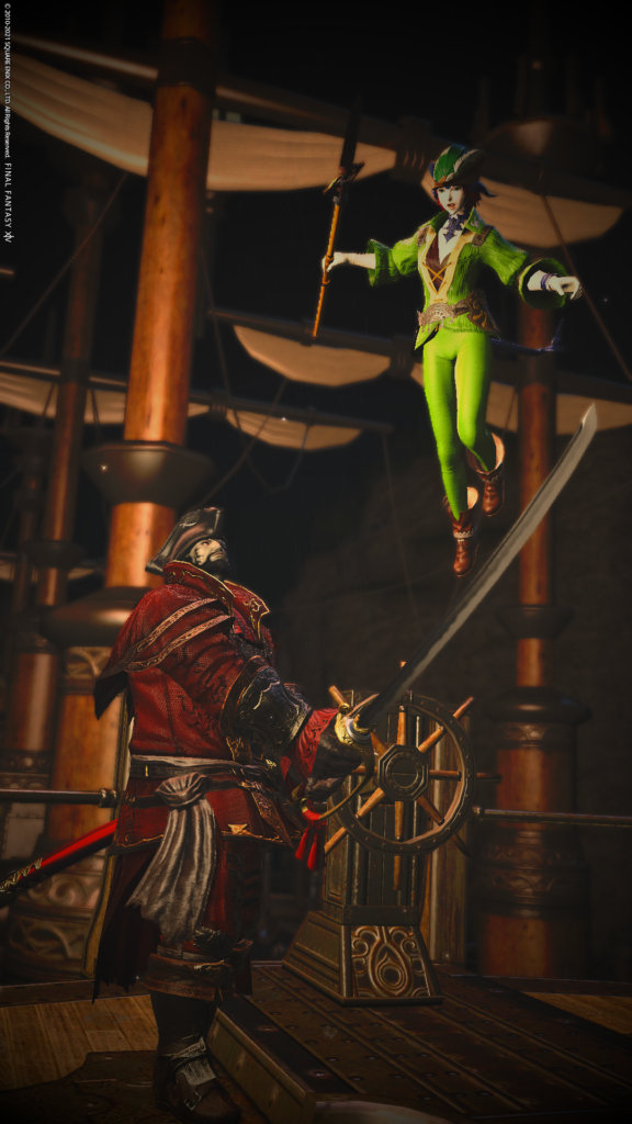 XIV Screen shot [ID: An image of Peter Pan flying over a sword held by Captain Hook on a pirate ship, as depicted by characters in Final Fantasy XIV]