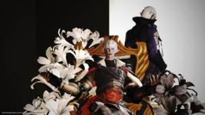 FFXIV screenshot of a character in front of black and white flowers.