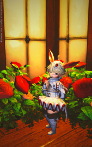 FFXIV character in front of rose bushes.