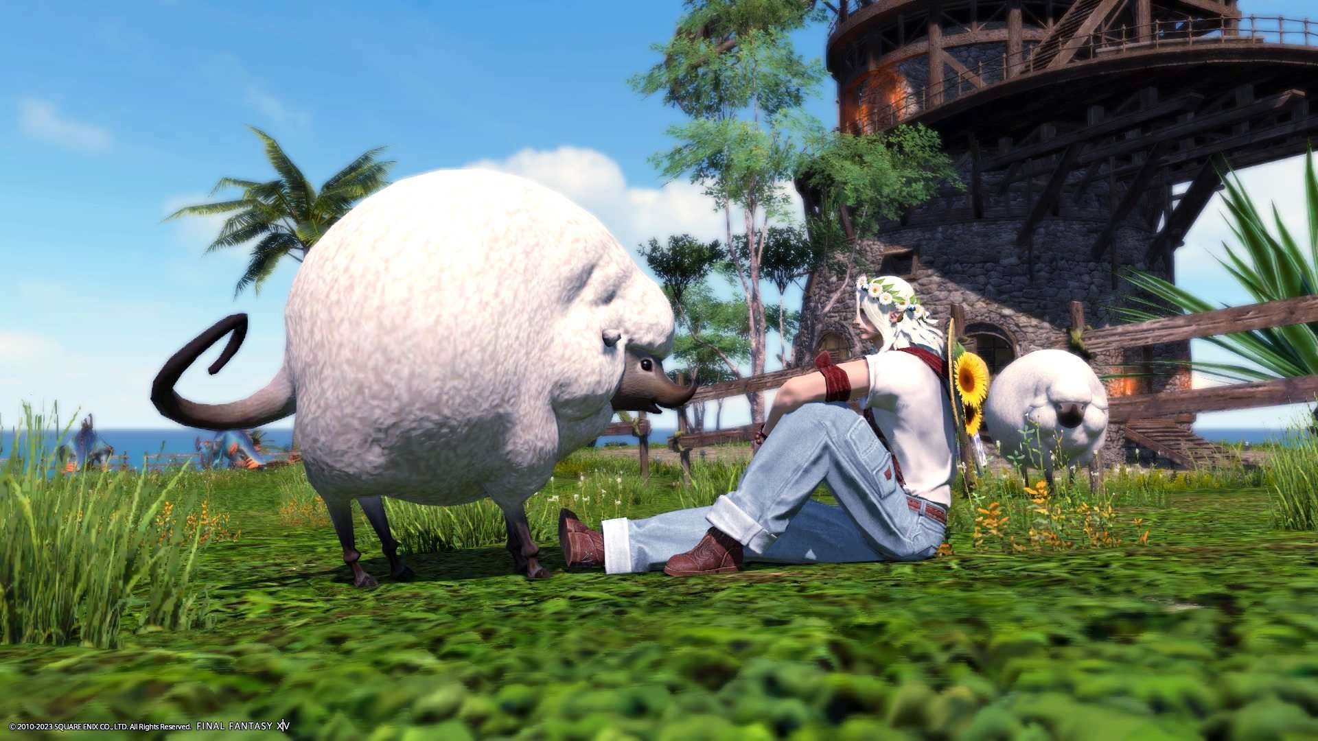 A screenshot from FFXIV. It depicts a character sitting in front of a friendly looking sheep in a field, with a tree house in the background.