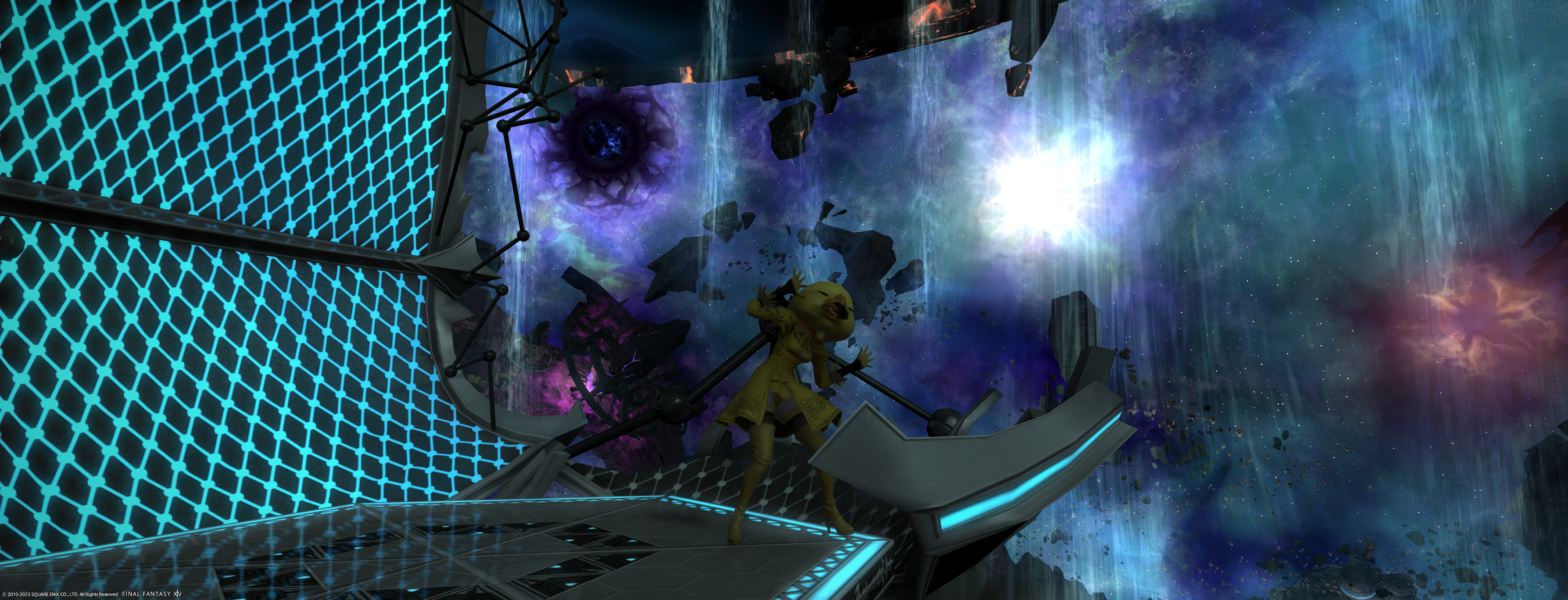 A screenshot from FFXIV. It depects a character dressed as a chocobo standing on an island in outer space, dancing.