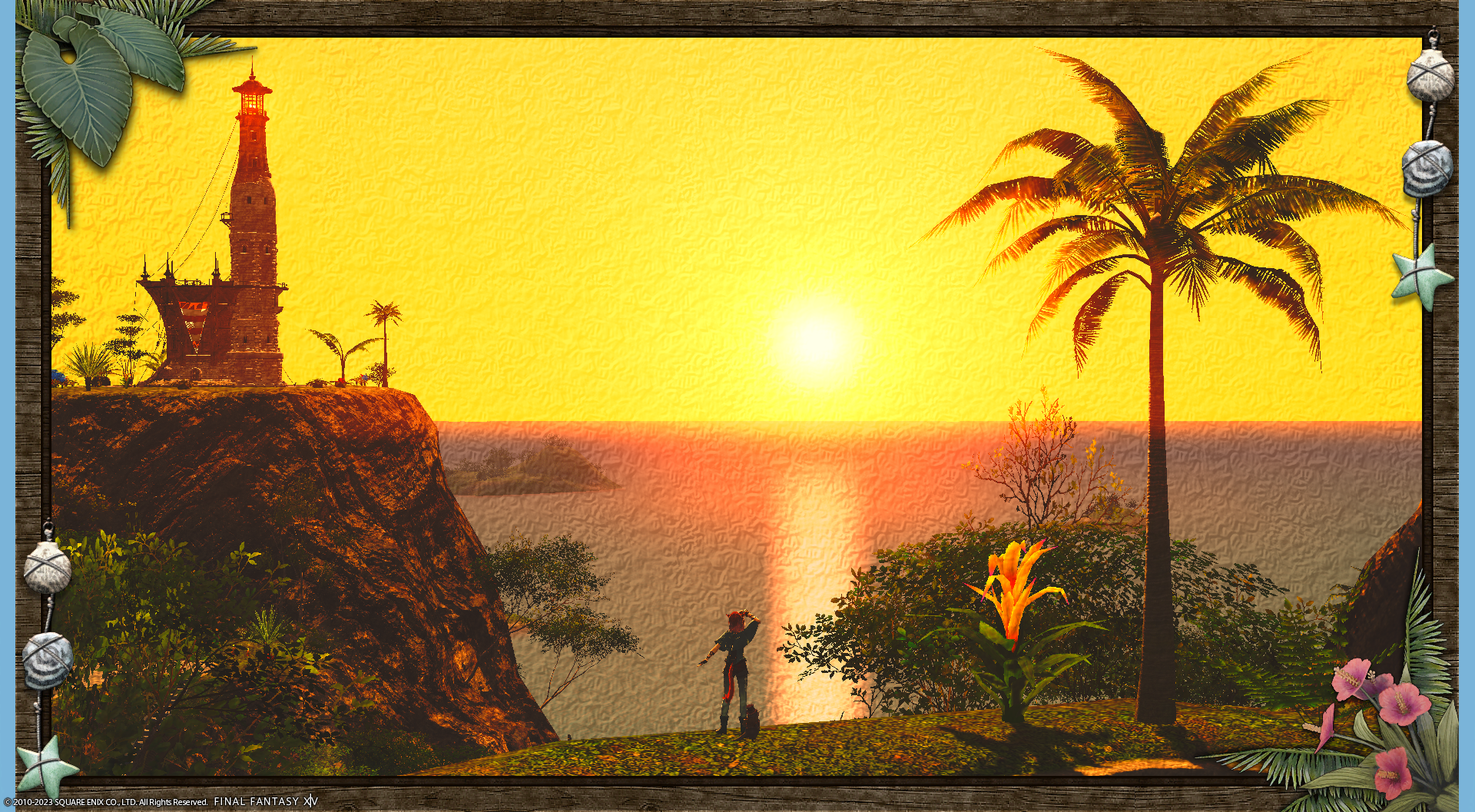 A screenshot from FFXIV. It depicts a character on a hill next to a light house, overlooking the ocean during sunset.