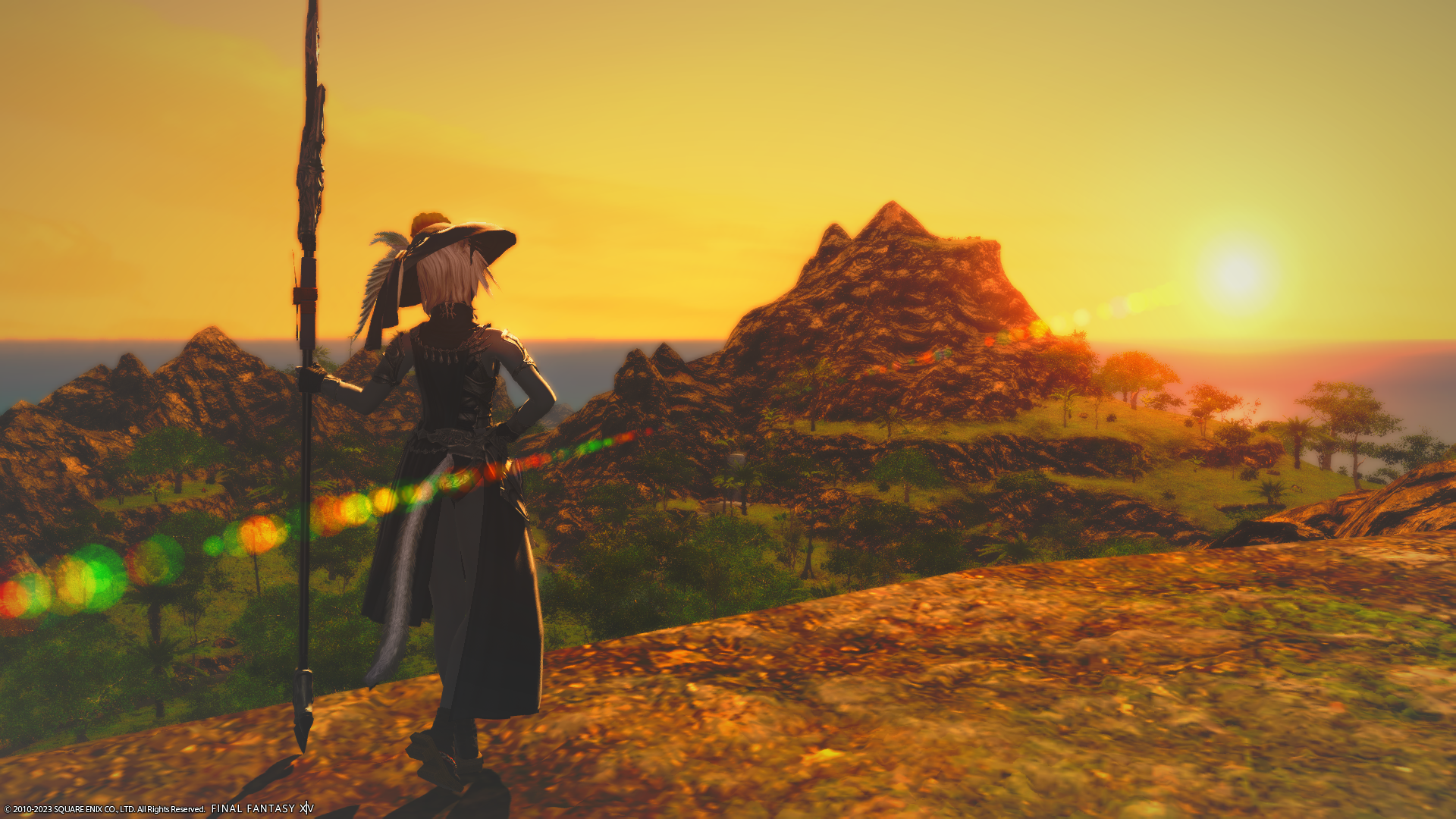 A screenshot from FFXIV. It depicts a character on one mounting, looking out at another mountain, during a sunset.