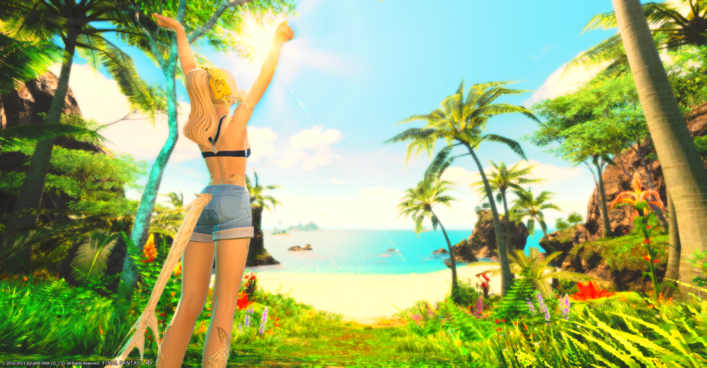 A screenshot from FFXIV. It depicts a character stretching in front of a tropical beach.