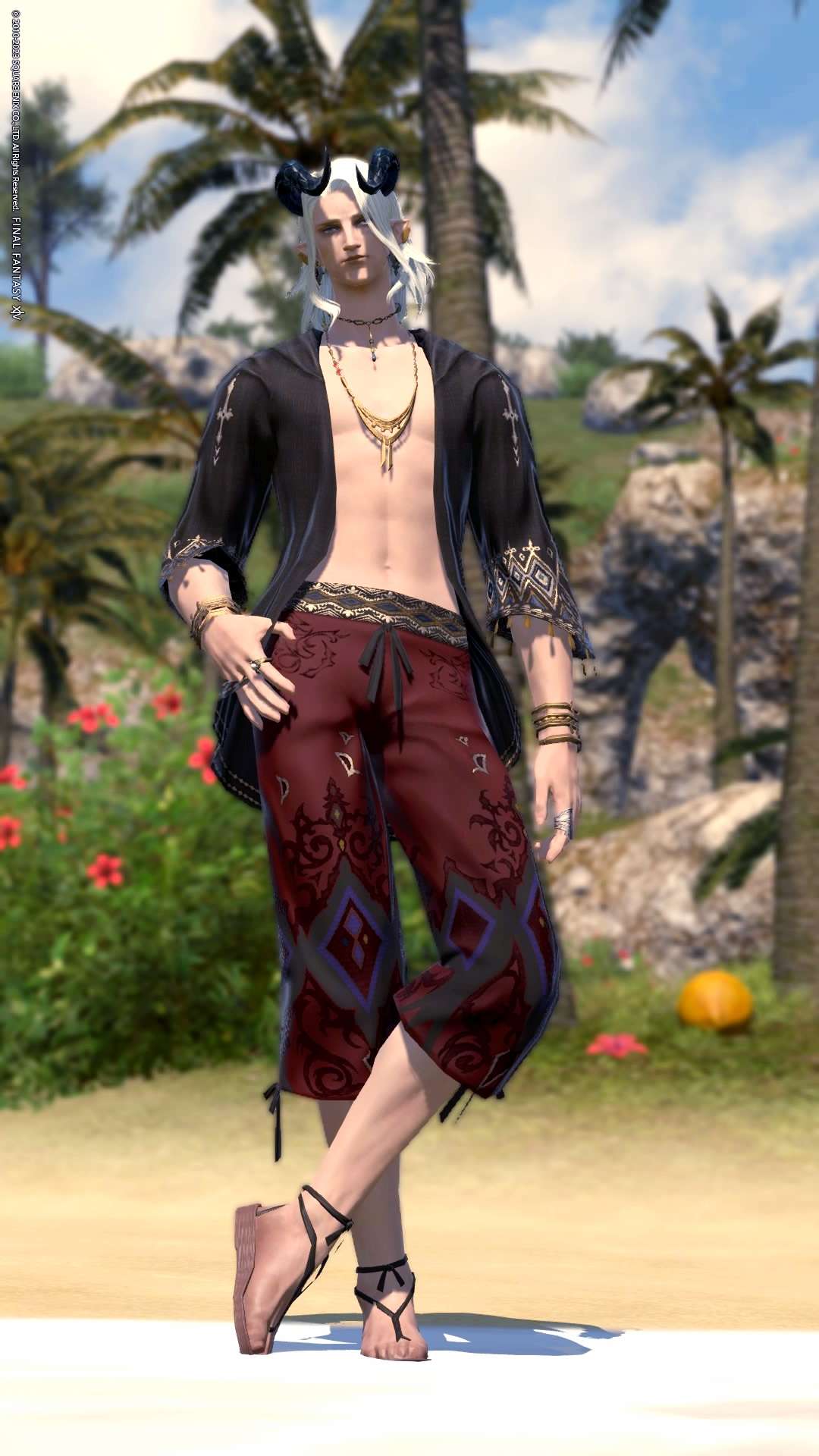An image of an Elezen from FFXIV. He is standing on a beach in front of a landscaped background, wearing swim drunks and an open shirt.