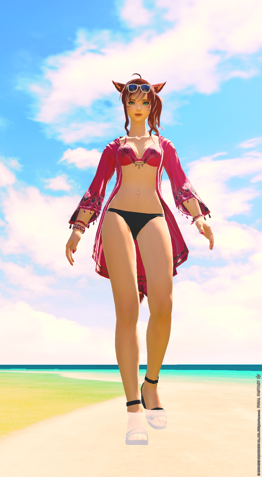 An image of a Miqote from FFXIV. She is wearing a swimsuit and standing in the water on the beach in front of a partly cloudy sky.