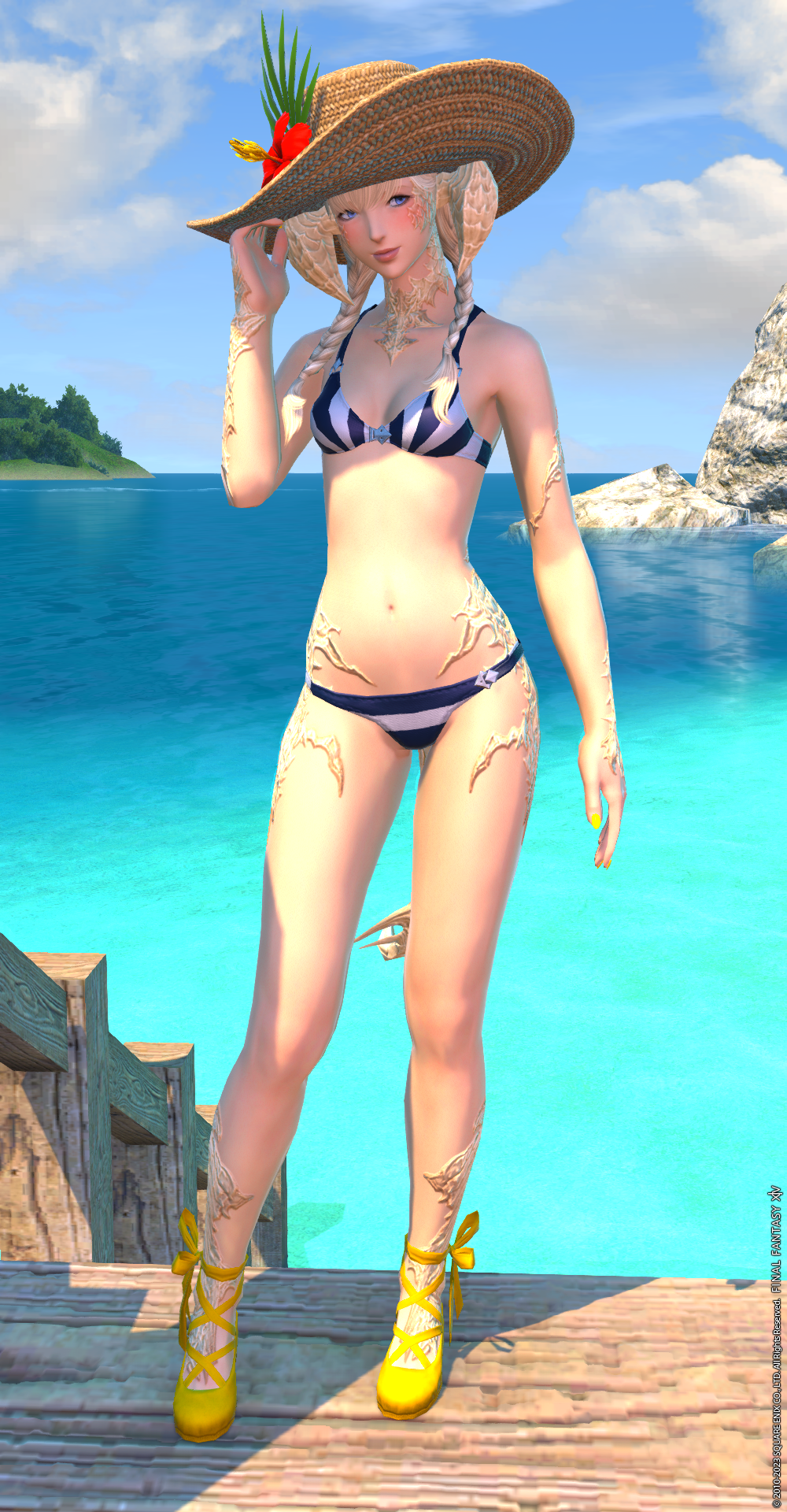 An image of an Au Ra from FFXIV. She is wearing a striped bathing suit and standing in front of the ocean.