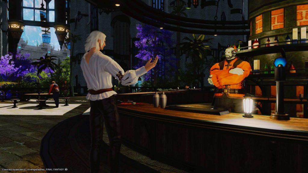 An FFXIV screenshot. An Elezen is talking with a bartender.