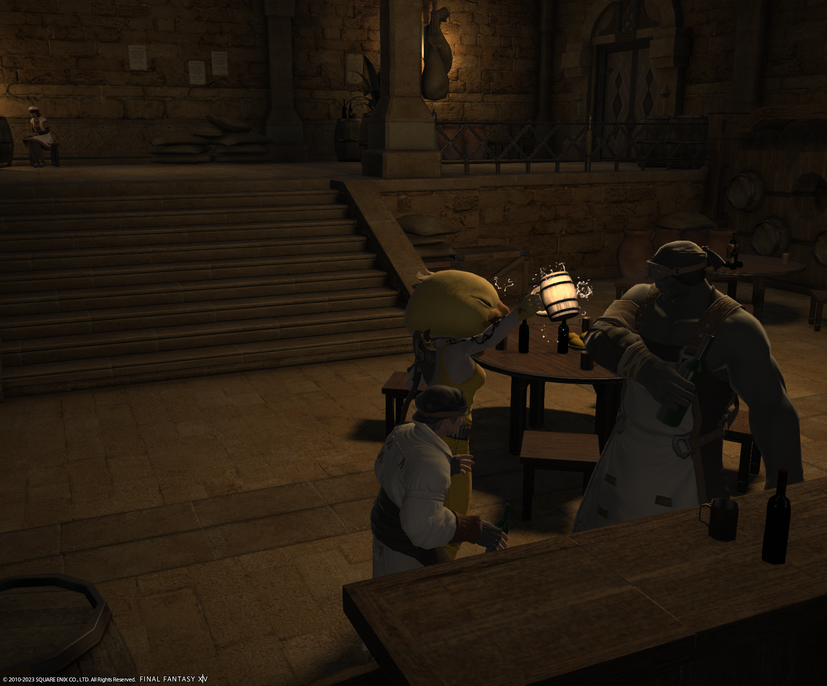 An FFXIV screenshot. A character in a fat chocobo head is lifting a mug with others in a bar.