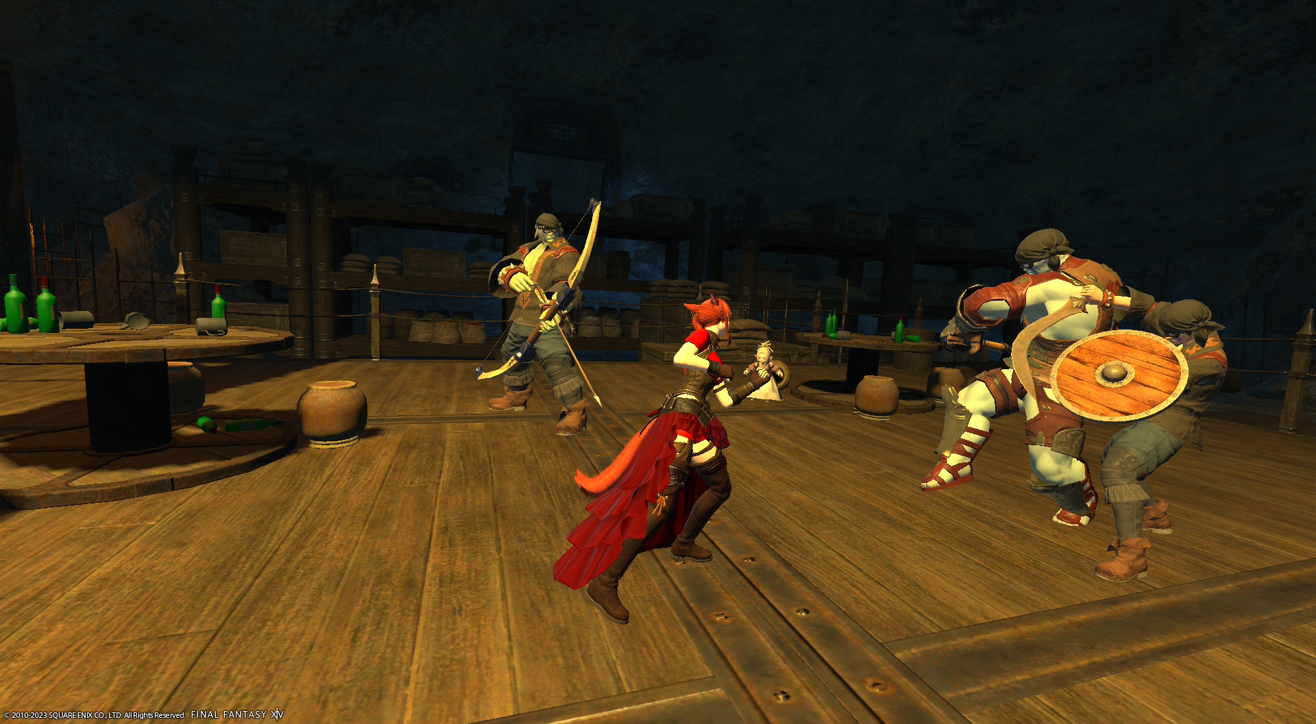 An FFXIV screenshot. A miqote is participating in a bar fight.