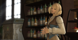 An FFXIV screenshot. An Au Ra is standing in front of a bar.
