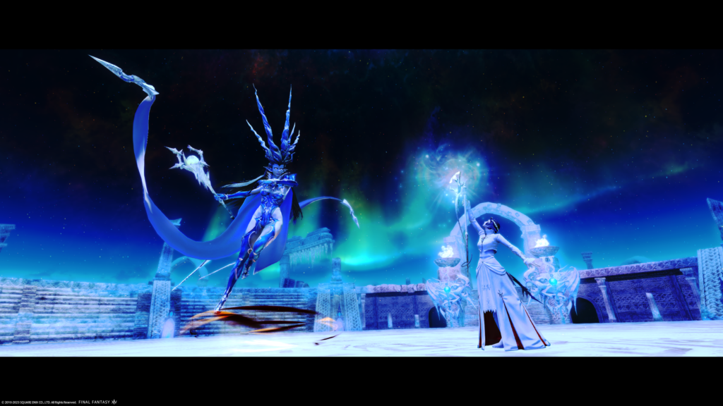 An FFXIV screenshot, An Au Ra white mage is attacking Shiva.