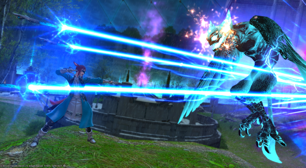 An FFXIV screenshot. A Miqote sage is attacking a harpy.