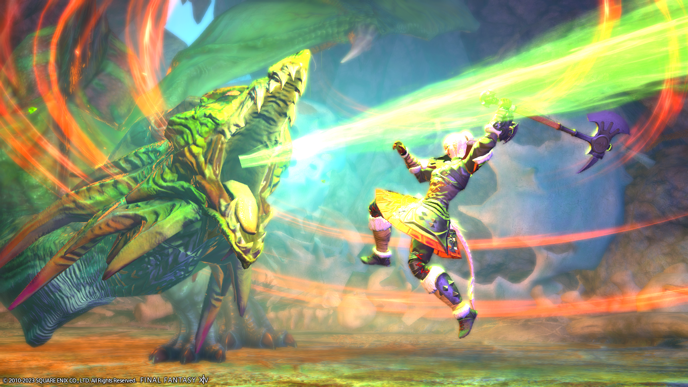 An FFXIV screenshot. An Au Ra warrior is attacking a dragon.