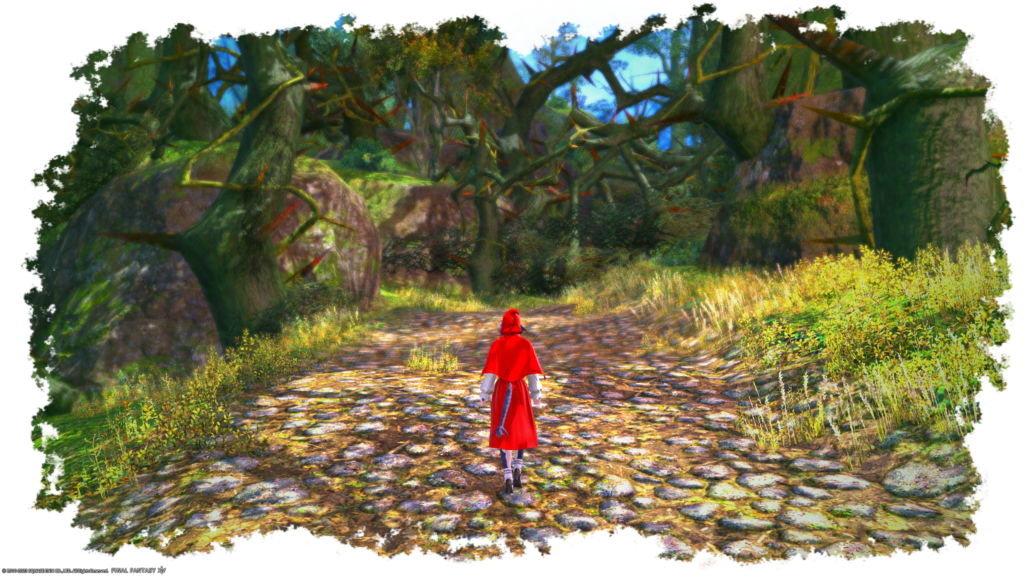 An FFXIV screenshot. An Au Rais dressed in a red hood and a cloak, and is walking down an empty road.