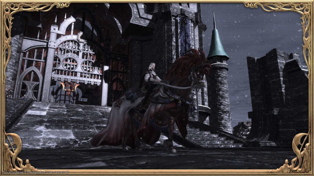 An FFXIV screenshot. An Elezen is processing down the steps on a fancy horse.