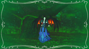An FFXIV screenshot. A miqote is dressed as Malificent, with demon wings and horns in front of a green tree.