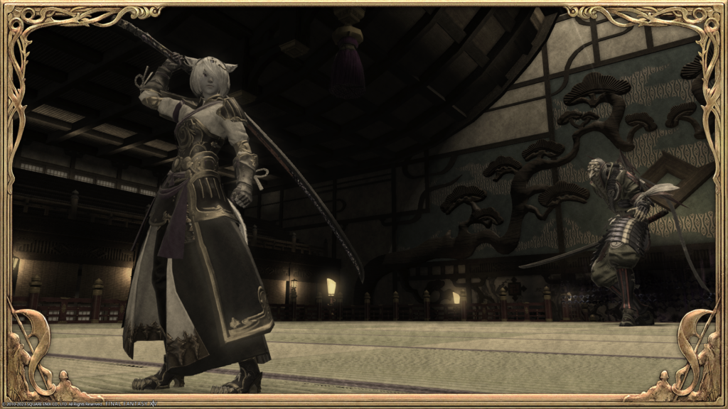 An FFXIV screenshot. A miqote is standing in front of a monster in a castle in Kugane.