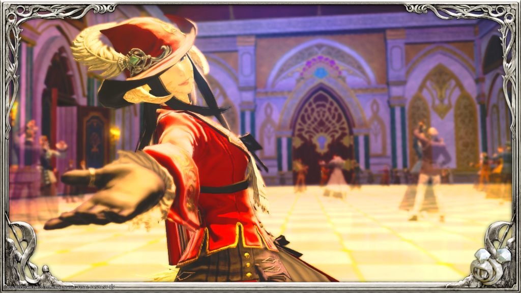 An FFXIV screenshot. An Au Ra is holding out her hand, as if asking you to dance.