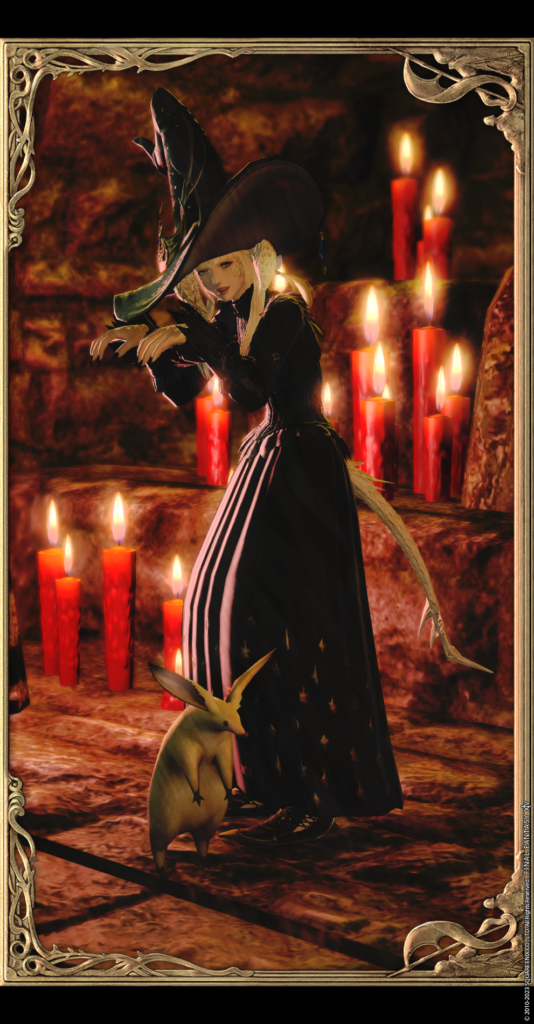 An FFXIV screenshot. An Au Ra is dressed like a witch with a pet rat.