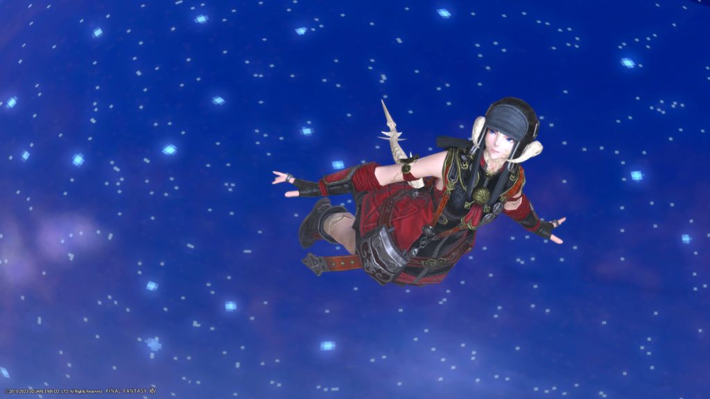 An FFXIV screenshot. An Au Ra is floating in space.