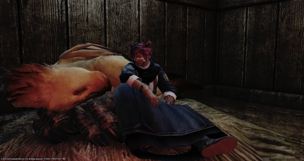 An FFXIV screenshot. A Miqote is sitting next to their sleeping chocobo, looking at it lovingly.