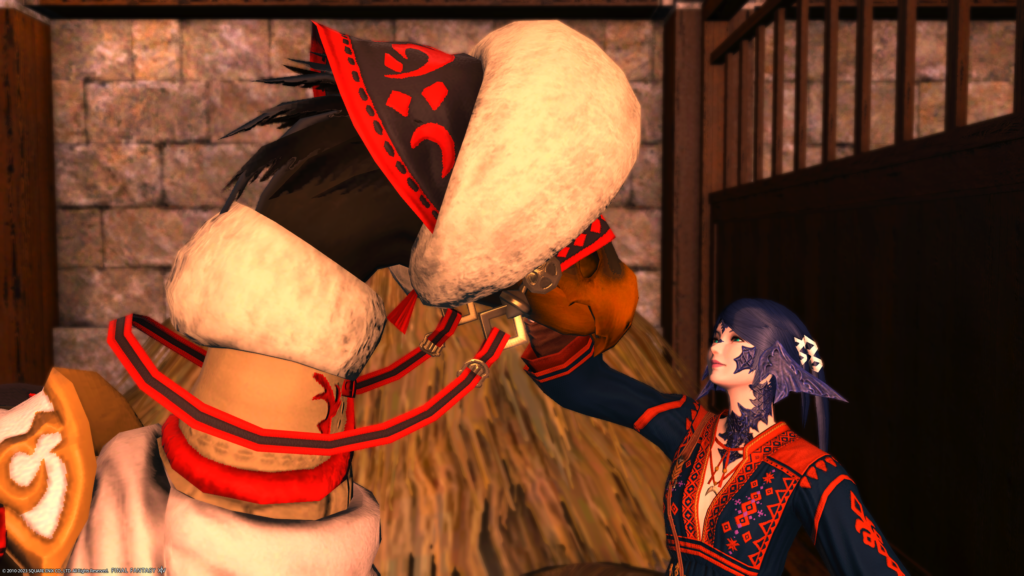 An FFXIV screenshot. An Au Ra is reaching up to gently touch her chocobo's face.