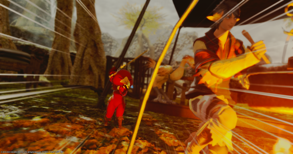 An FFXIV screenshot. A Lalafell RDM is dressed as a red chocobo, with explosion lines coming out around it.