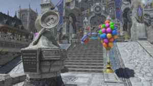 A screenshot from FFXIV. The image shows the Culinarian statue from Ishgard's Firmanent, with party balloons in the background.