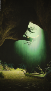 An FFXIV screenshot of an ARR dungeon. A beam of sunlight filters down through a whole in the wall showing off tree roots.